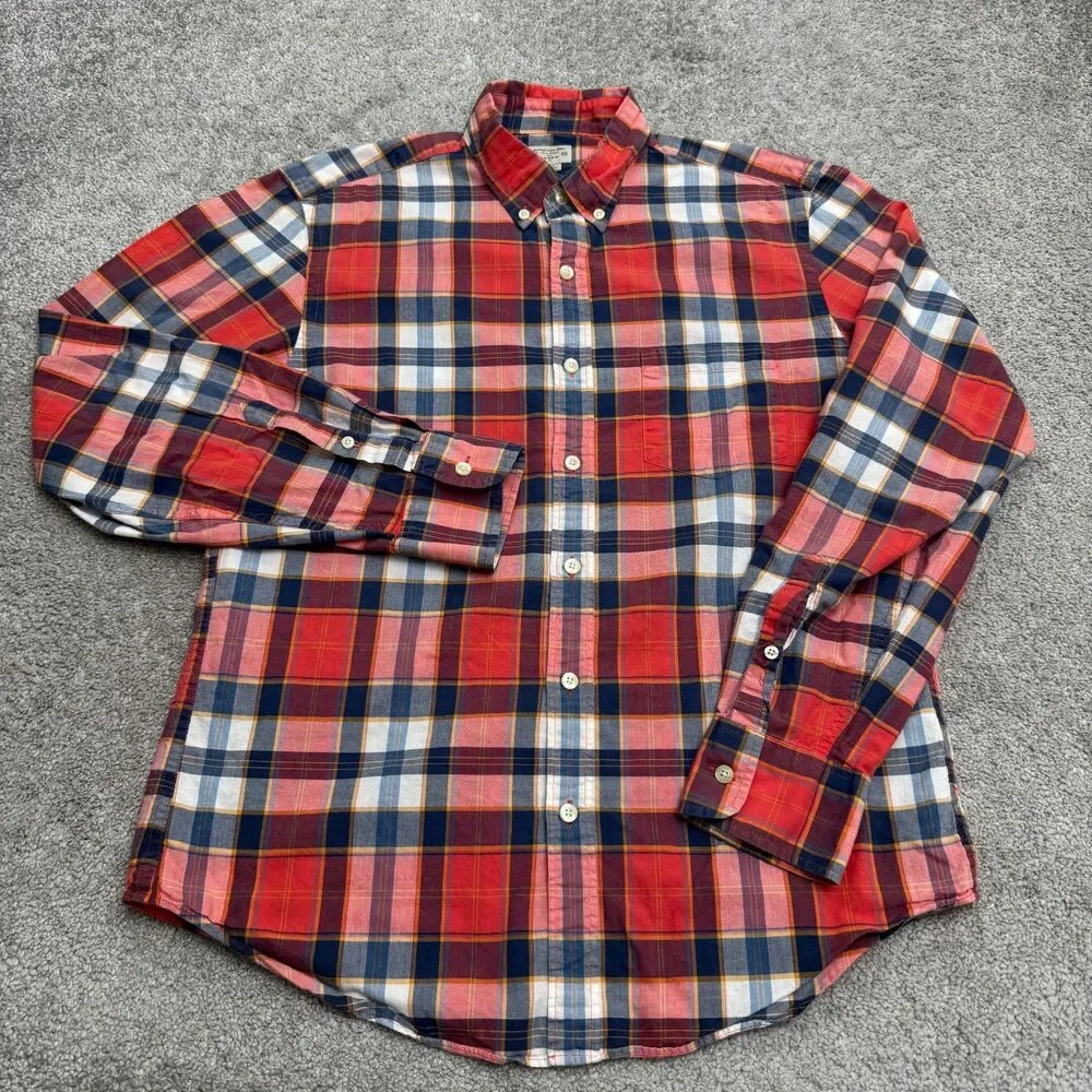 J.Crew Summer Plaid Cotton Long Sleeve Button Down Shirt Mens Medium Red Blue